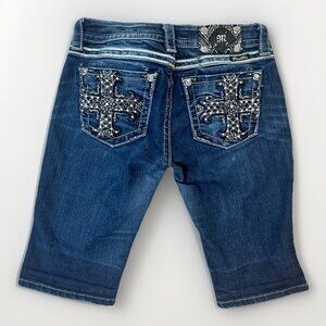 Miss Me Jean Shorts Women’s Size 26 Dark Wash Bermuda Shorts Sparkly Gems Cross